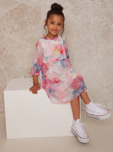 Girls Watercolour Floral Printed Dress in Pink