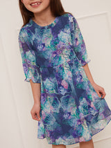 Girls Watercolour Floral Printed Dress in Navy