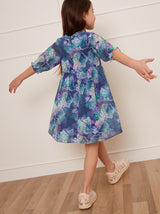 Girls Watercolour Floral Printed Dress in Navy