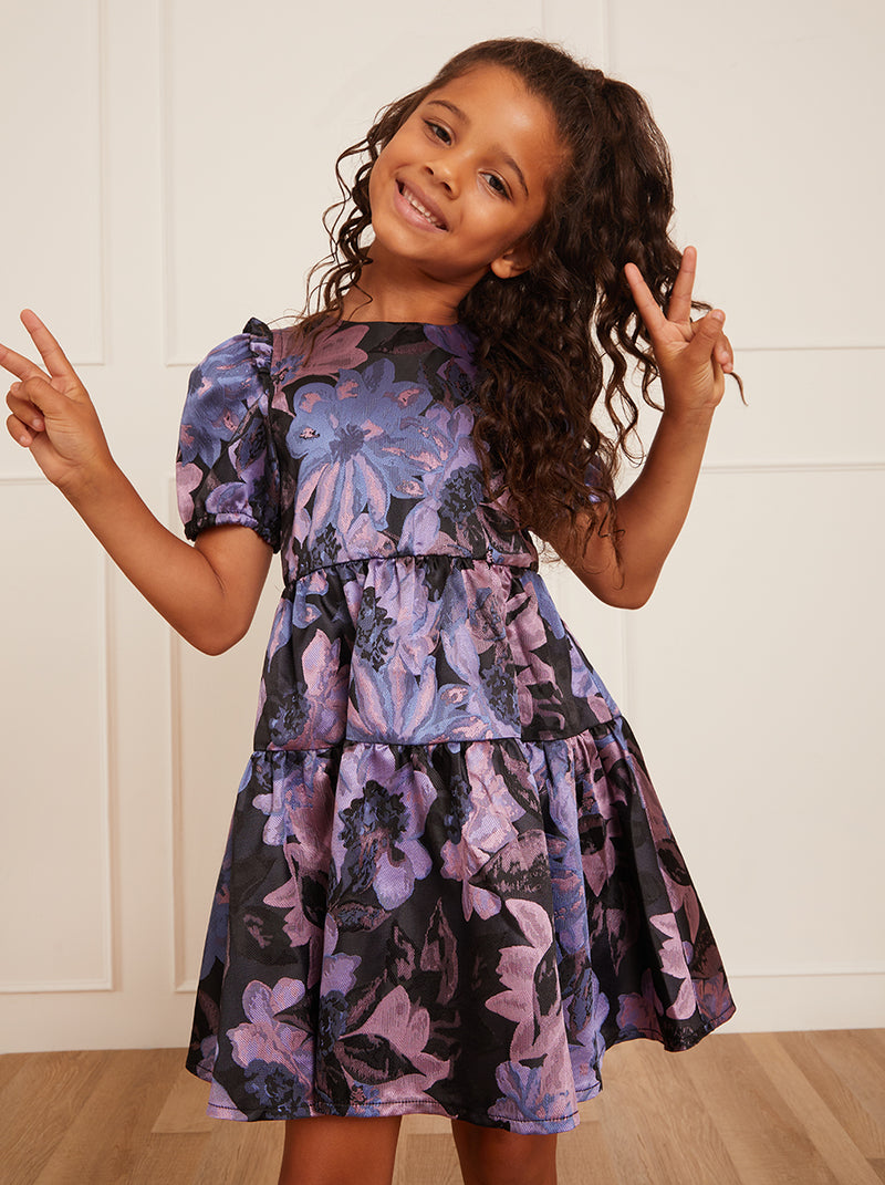 Younger Girls Short Sleeve Floral Midi Dress in Purple