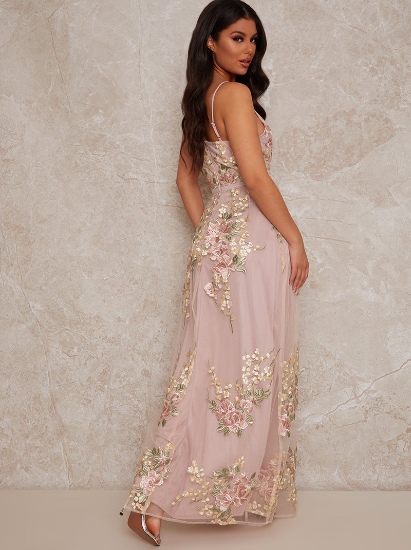 Sleeveless Embroidered Lace Maxi Dress in Pink
