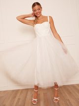 Corset Bodice & Glitter Tulle Midi Wedding Dress in White