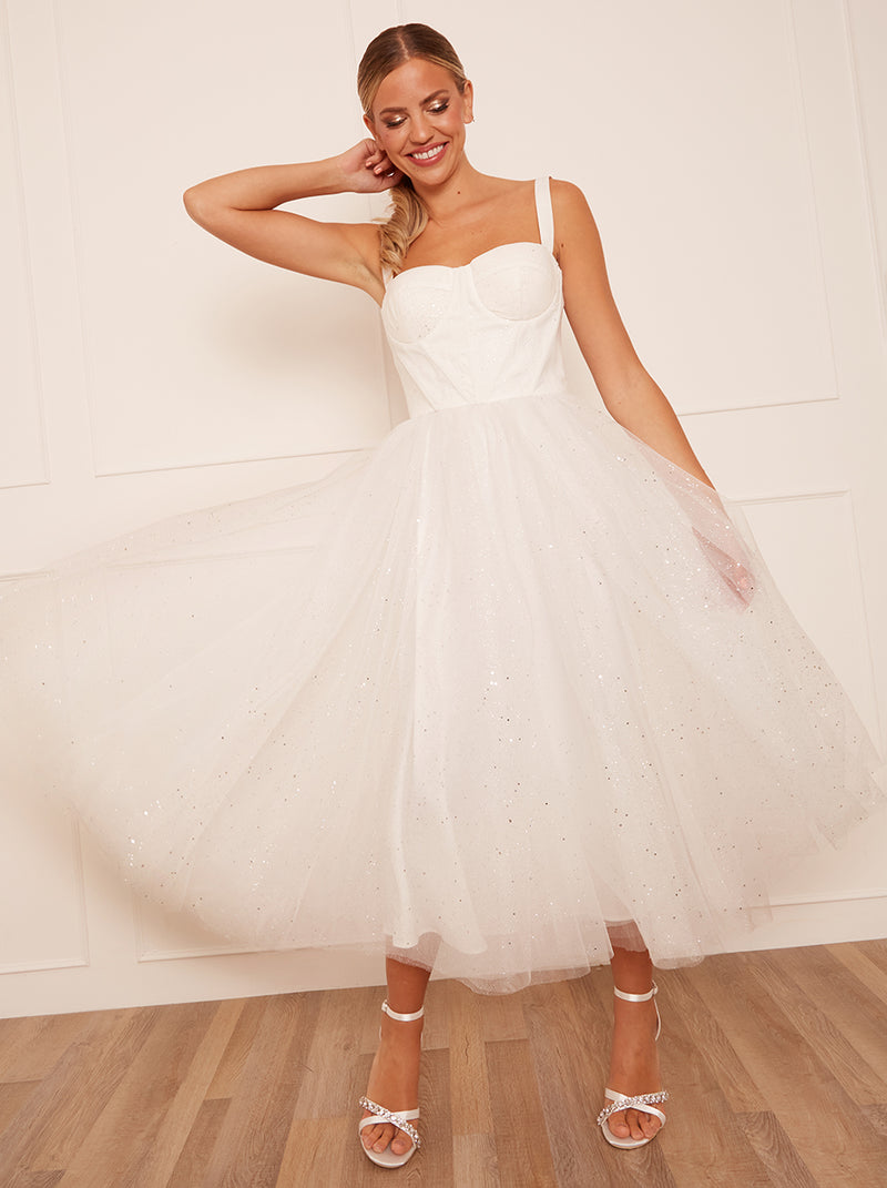 Corset Bodice & Glitter Tulle Midi Wedding Dress in White – Chi Chi London