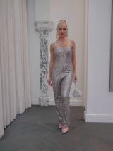Strappy Animal Print Metallic Jumpsuit in Silver