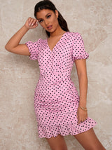 Ruched Polka Dot Mini Day Dress in Pink