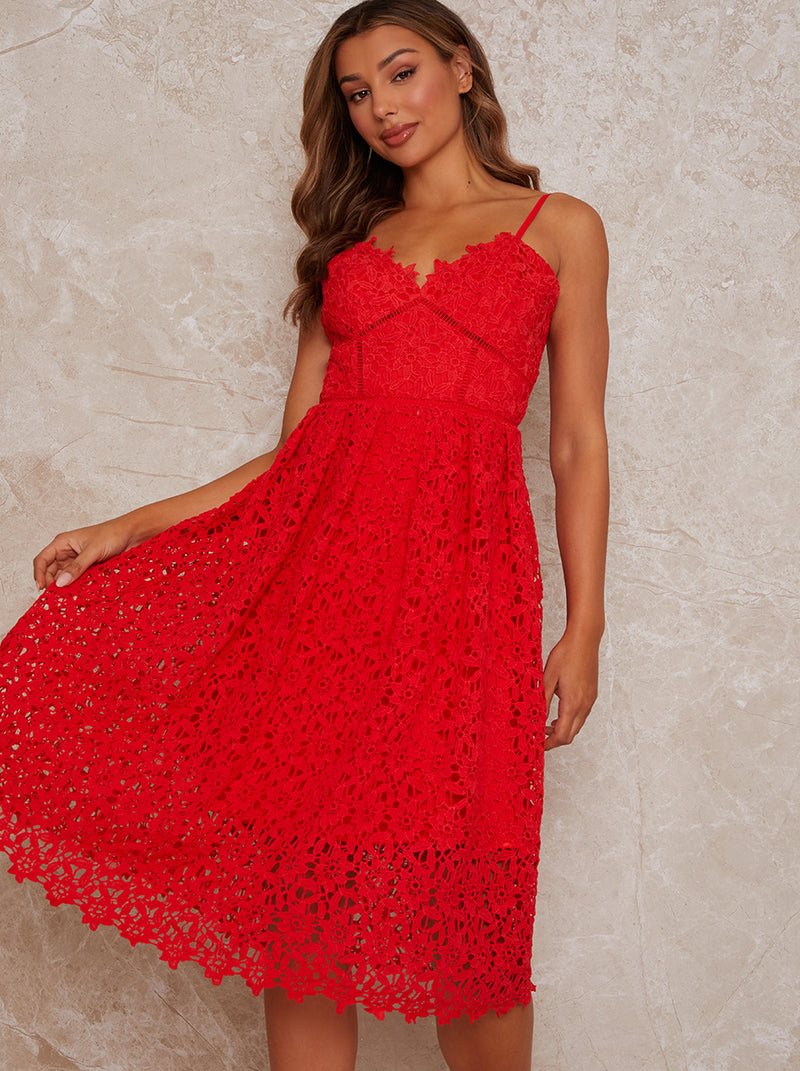 Sleeveless Crochet Midi Dress in Red