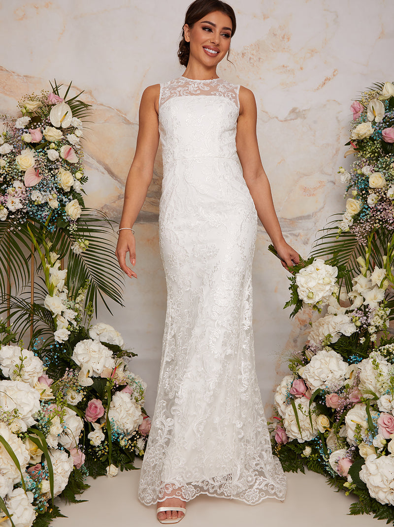 Sleeveless Premium Lace Wedding Dress in White