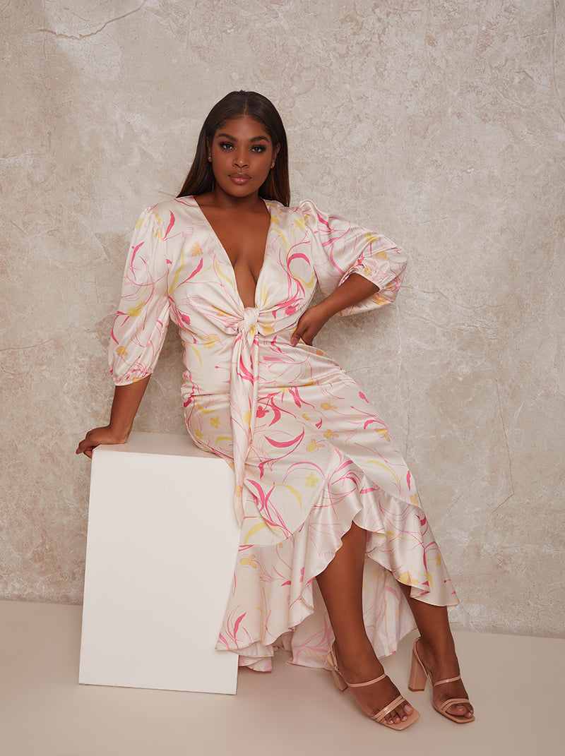 Plus Size Graphic Print Plunge Front Tie Up Satin Maxi Dress in Cream