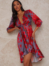 Floral Tie Front Mini Day Dress in Red