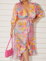 Plus Size Tie Front Printed Dip Hem Dress in Pink