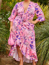 Plus Size Tie Front Abstract Floral Print Dip Hem Dress in Pink