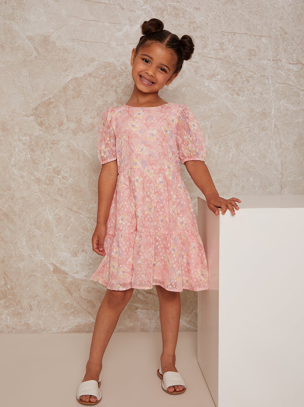 Girls Puff Sleeve Textured Floral Print Dress in Pink