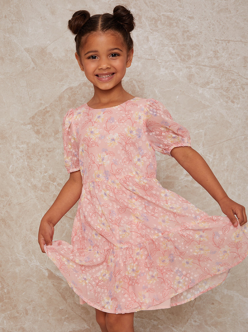 Girls Puff Sleeve Textured Floral Print Dress in Pink