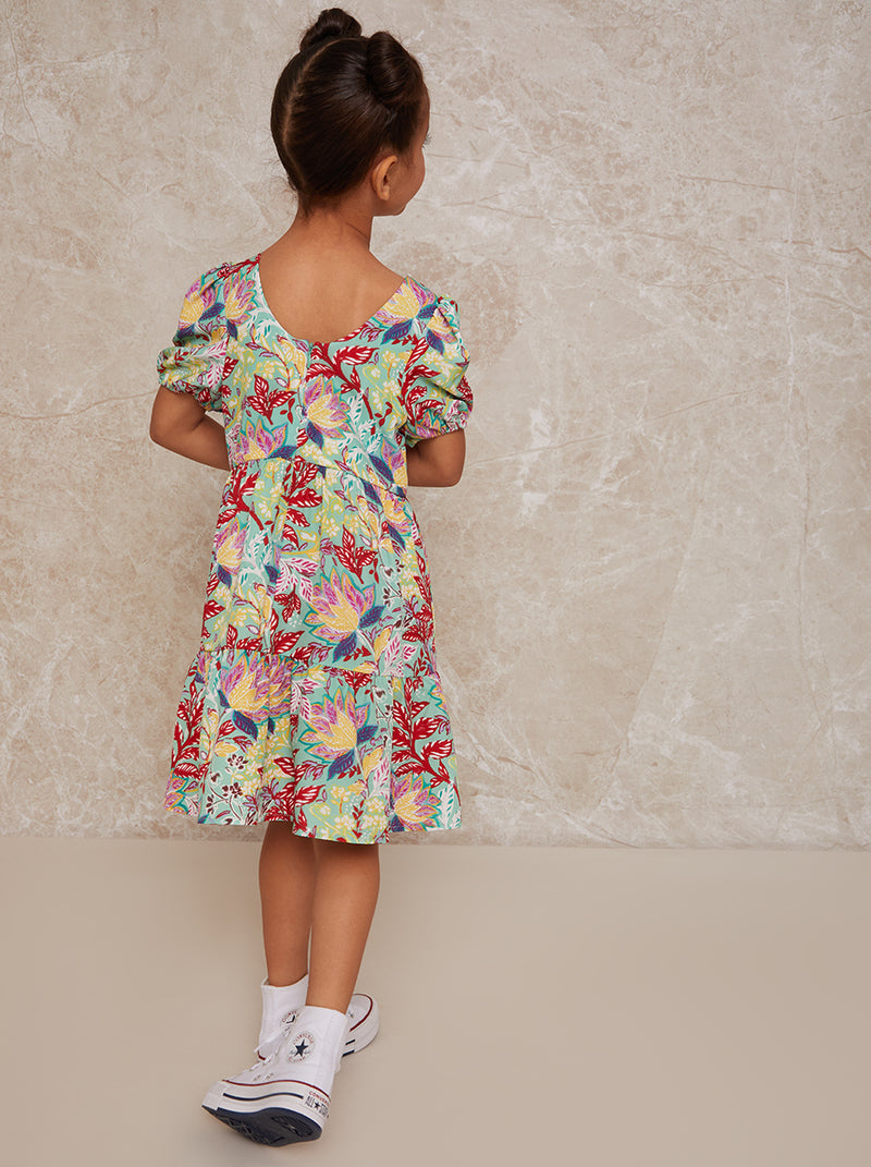 Girls Puff Sleeve Tiered Day Dress in Multi Floral Print