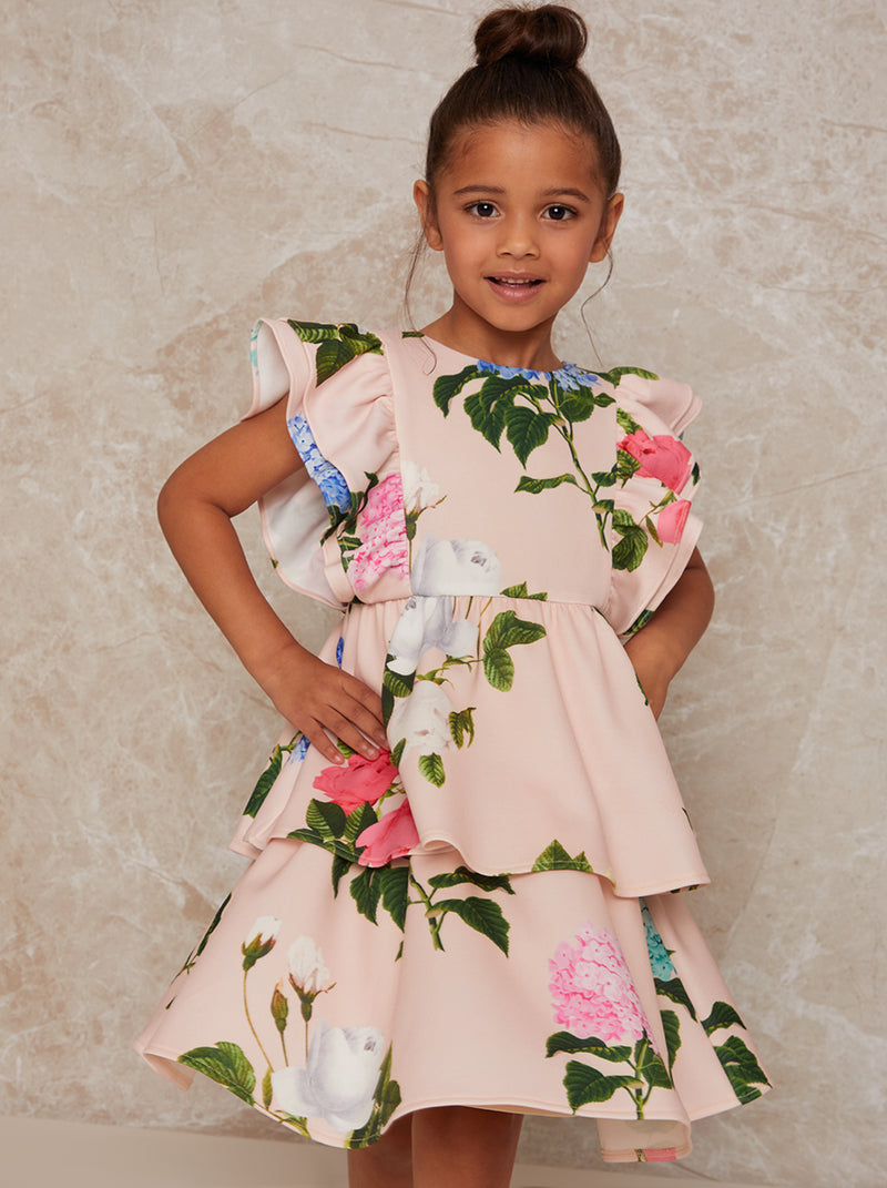 Girls Floral Print Tiered Dress in Pink