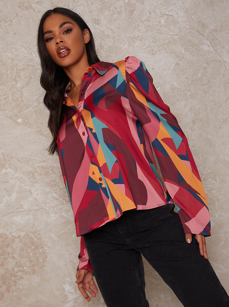 Exaggerated Puff Sleeve Graphic Print Shirt in Multi