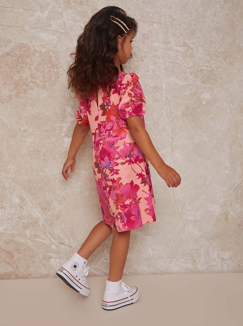 Girls Floral Print Puff Sleeve Button Up Dress in Pink