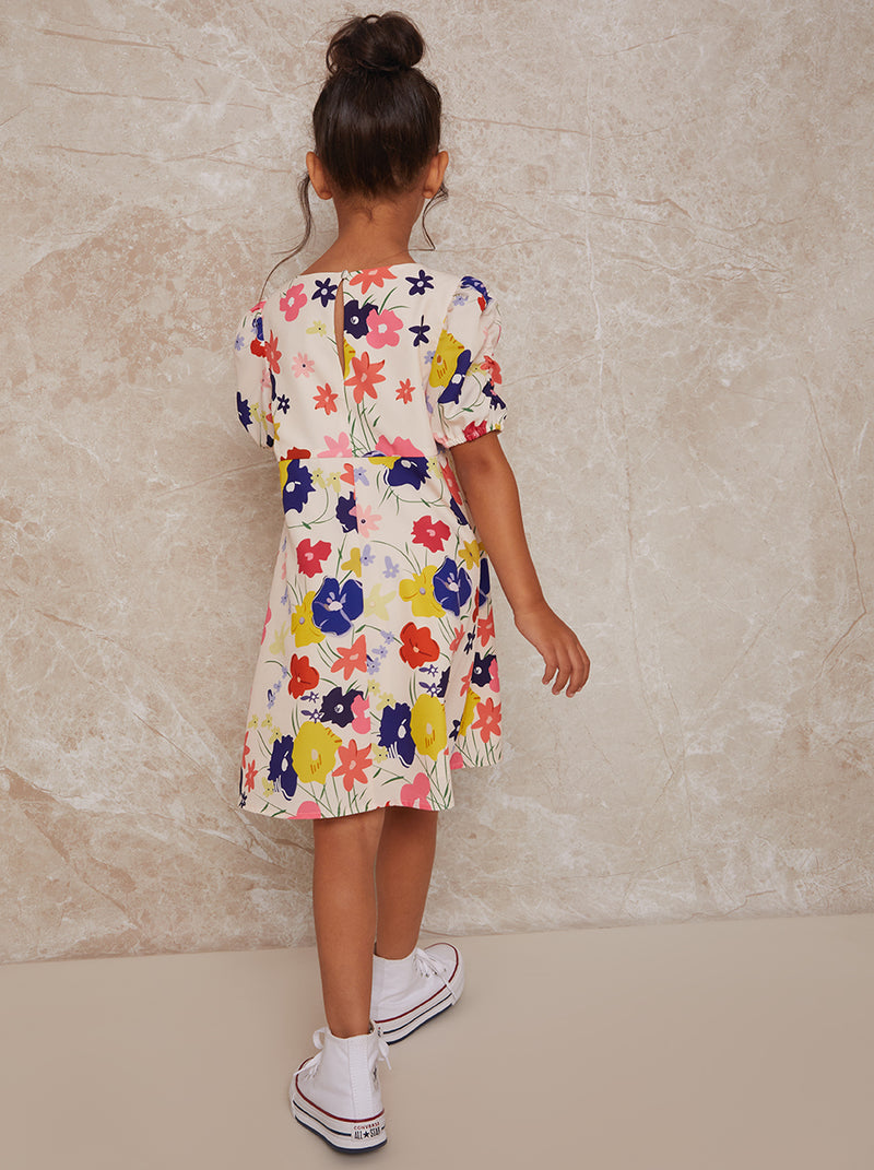 Girls Floral Print Puff Sleeve Button Up Dress in White
