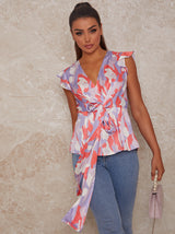 Contrast Graphic Print Top with Tie Detail in Multi