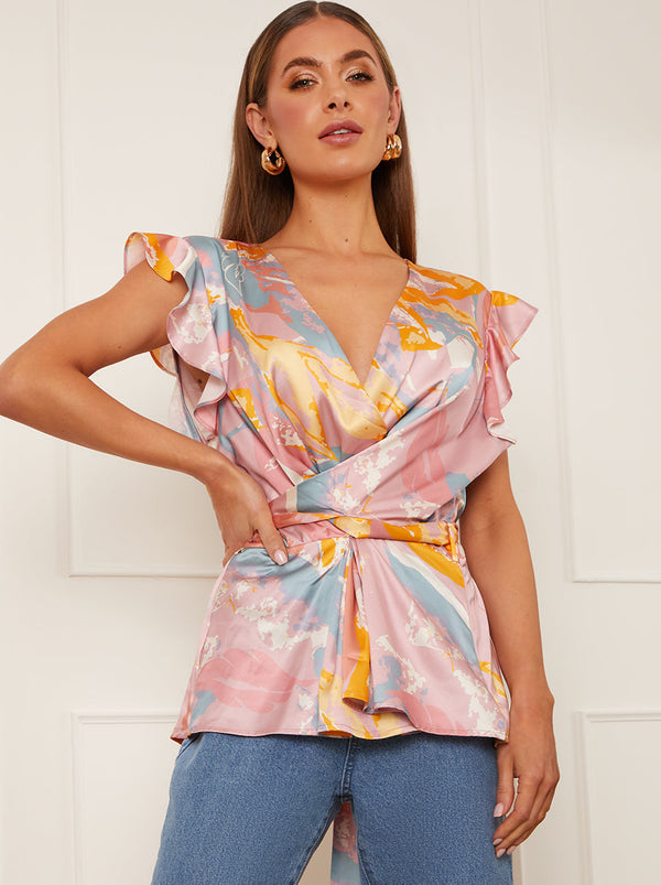 Twist Front Printed Top in Pink
