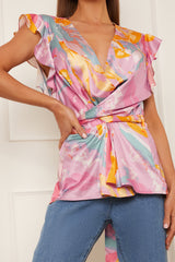Twist Front Printed Top in Pink