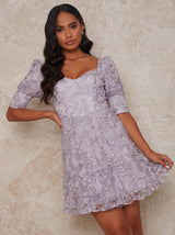 Sweetheart Puff Sleeve Embroidered Mini Dress in Lilac