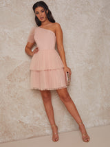 One Shoulder Puff Sleeve Tulle Tiered Mini Dress in Pink