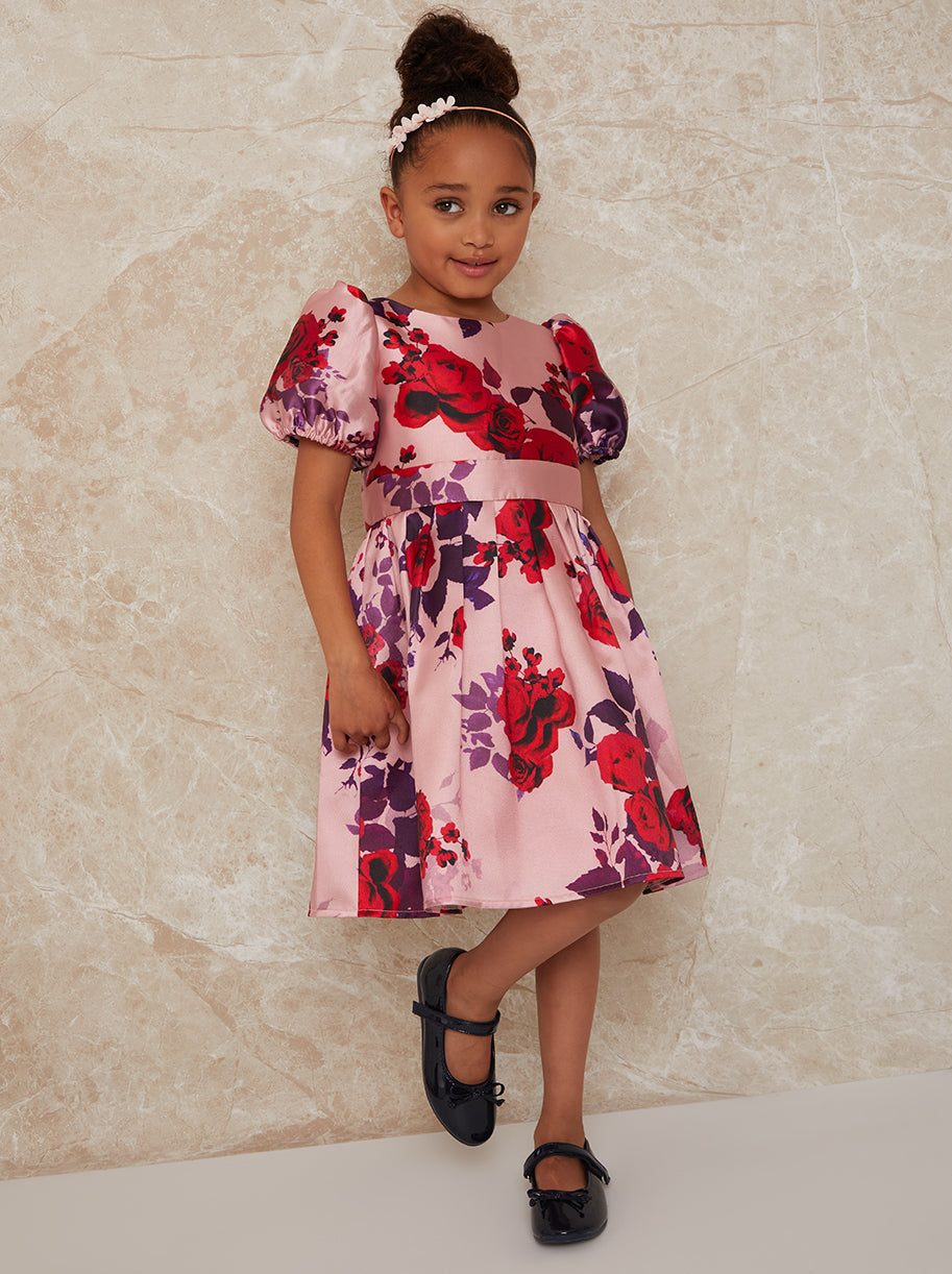 Girls Puff Sleeve Floral Midi Dress in Blush – Chi Chi London