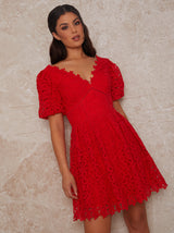 V Neck Premium Lace Mini Dress in Red
