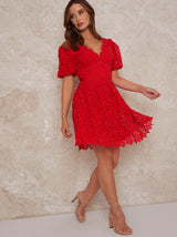 Petite V Neck Crochet Midi Dress in Red