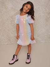 Girls Puff Sleeve Rainbow Sequin Midi Dress in Multi