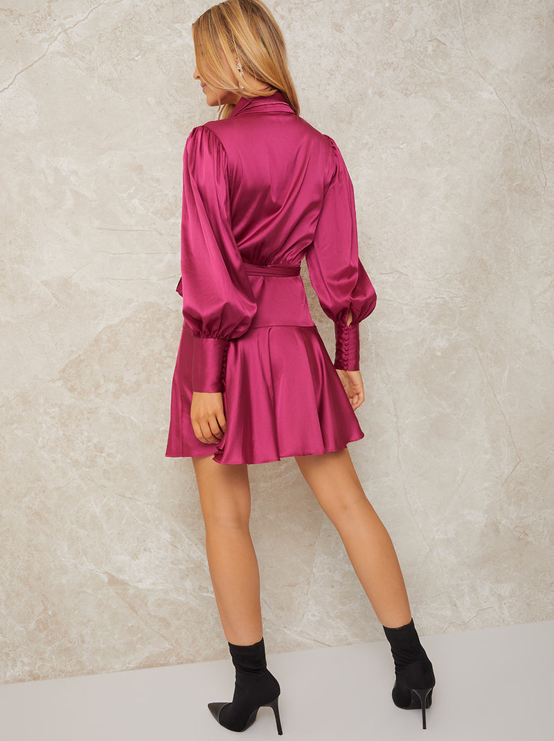 Long Sleeve Wrap Mini Dress in Pink