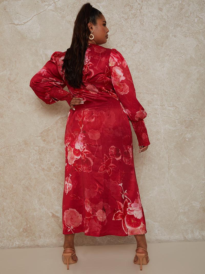 Plus Size V Neck Puff Sleeve Floral Midi Dress in Red