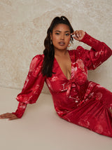 Plus Size V Neck Puff Sleeve Floral Midi Dress in Red