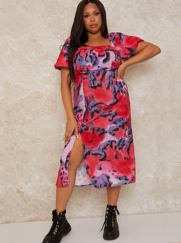 Plus Size Square Neck Abstract Print Midi Dress in Multi