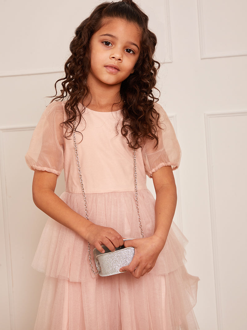 Younger Girls Puff Sleeve Tiered Tulle Midi Dress in Pink