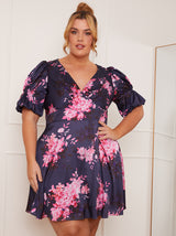 Plus Size Short Sleeve Floral Print Mini Dress in Navy