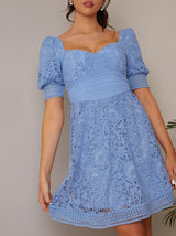 Sweetheart Puff Sleeve Embroidered Mini Dress in Blue