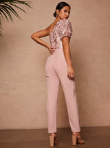 One Shoulder Puff Sleeve Embroidered Jumpsuit in Pink