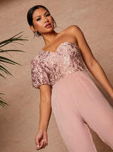 One Shoulder Puff Sleeve Embroidered Jumpsuit in Pink