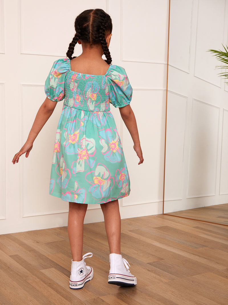Younger Girls Puff Sleeve Shirred Floral Midi Dress in Green