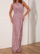 Embroidered Lace Cowl Back Maxi Dress in Lilac