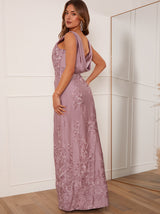 Embroidered Lace Cowl Back Maxi Dress in Lilac