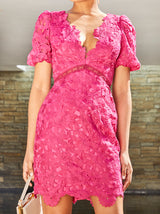 Puff Sleeve Premium Lace Mini Dress in Pink