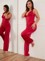 Petite Corset Style Wide Leg Satin Jumpsuit in Pink