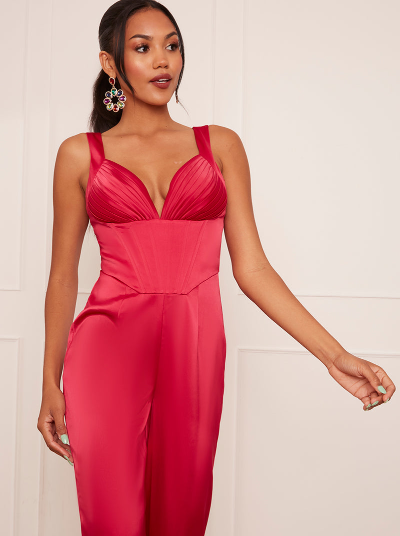 Corset Style Wide Leg Satin Jumpsuit in Pink