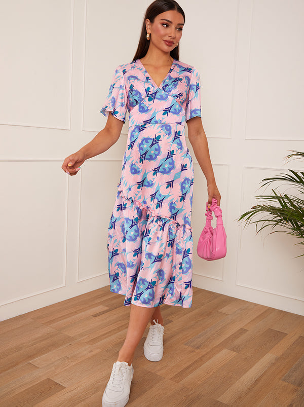 V Neck Abstract Print Midi Dress in Pink