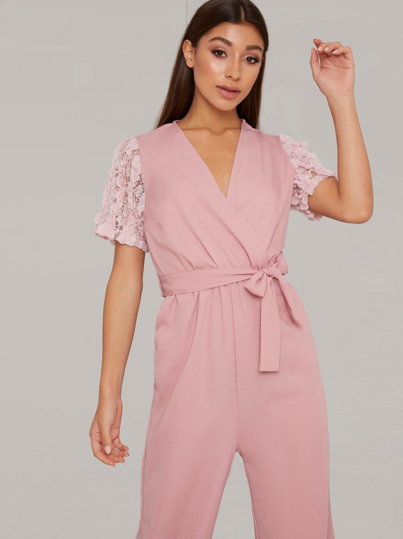 Lace Sleeved Wide Leg Jumpsuit in Pink