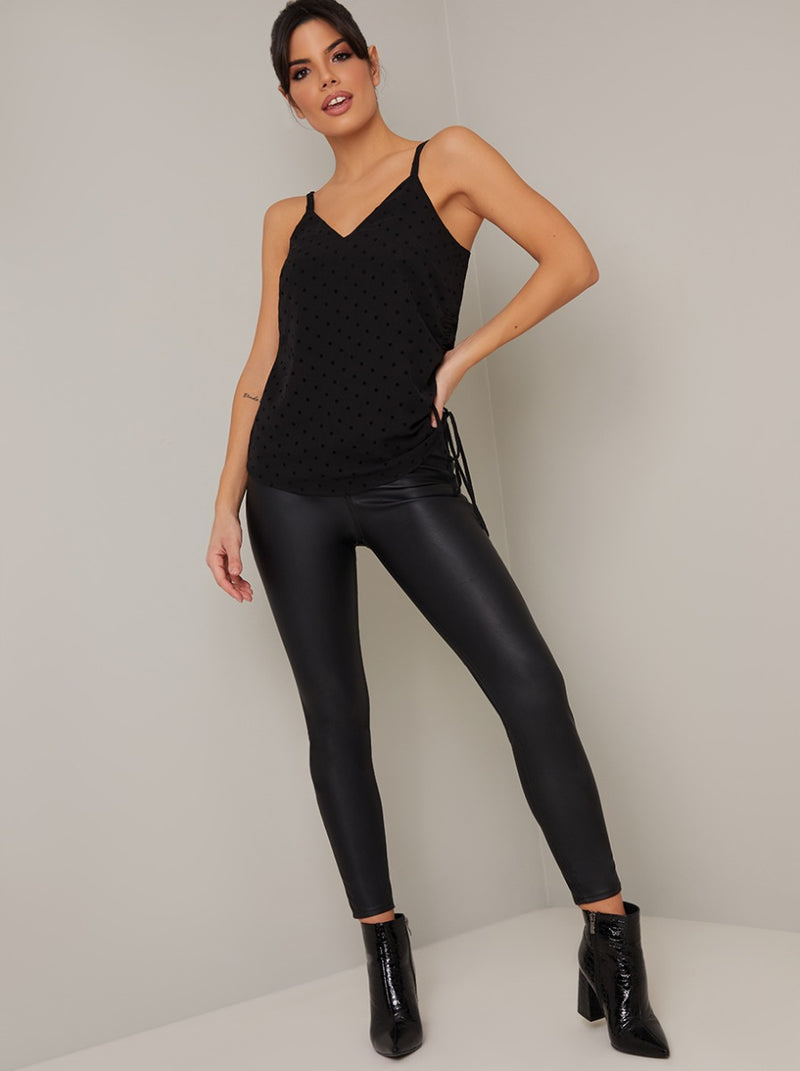 Ruched Detail Spot Cami Top in Black