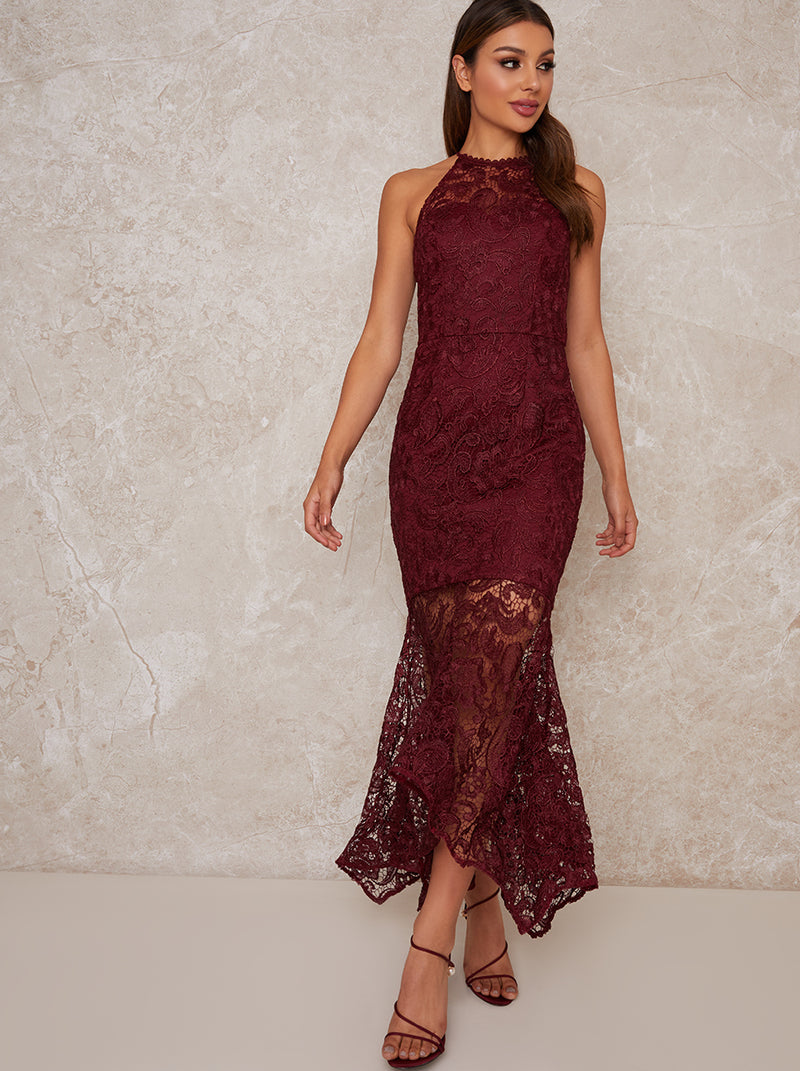High Neck Lace Bodycon Ruffle Hem Dress in Red